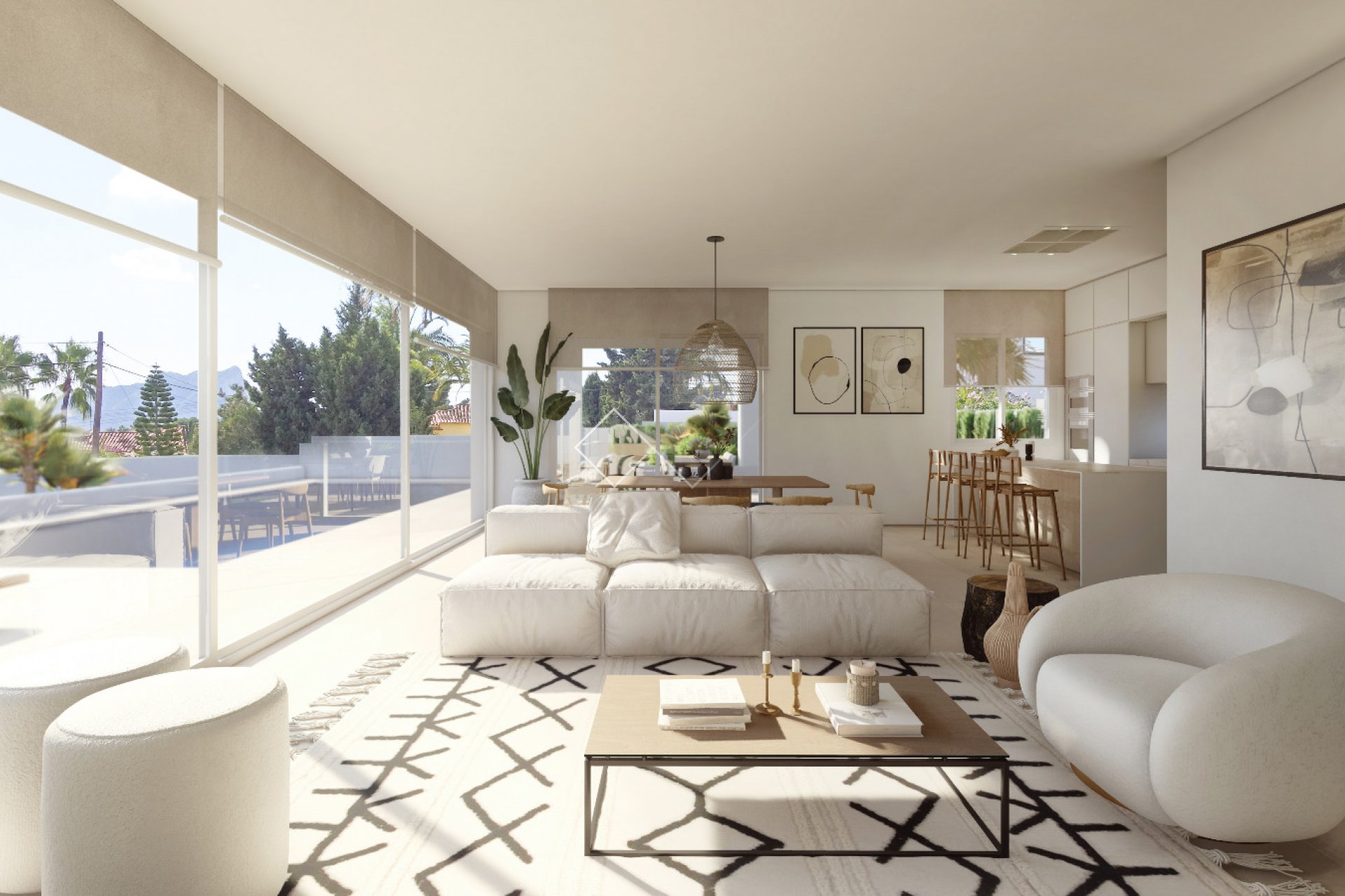 woonkamer - Mooie moderne villa met zeezicht te koop in Benissa
