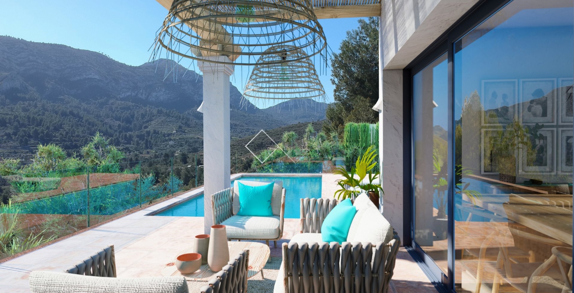 piscina con vistas a la montaña - Nueva villa en venta en Pedreguer, estilo ibicenco
