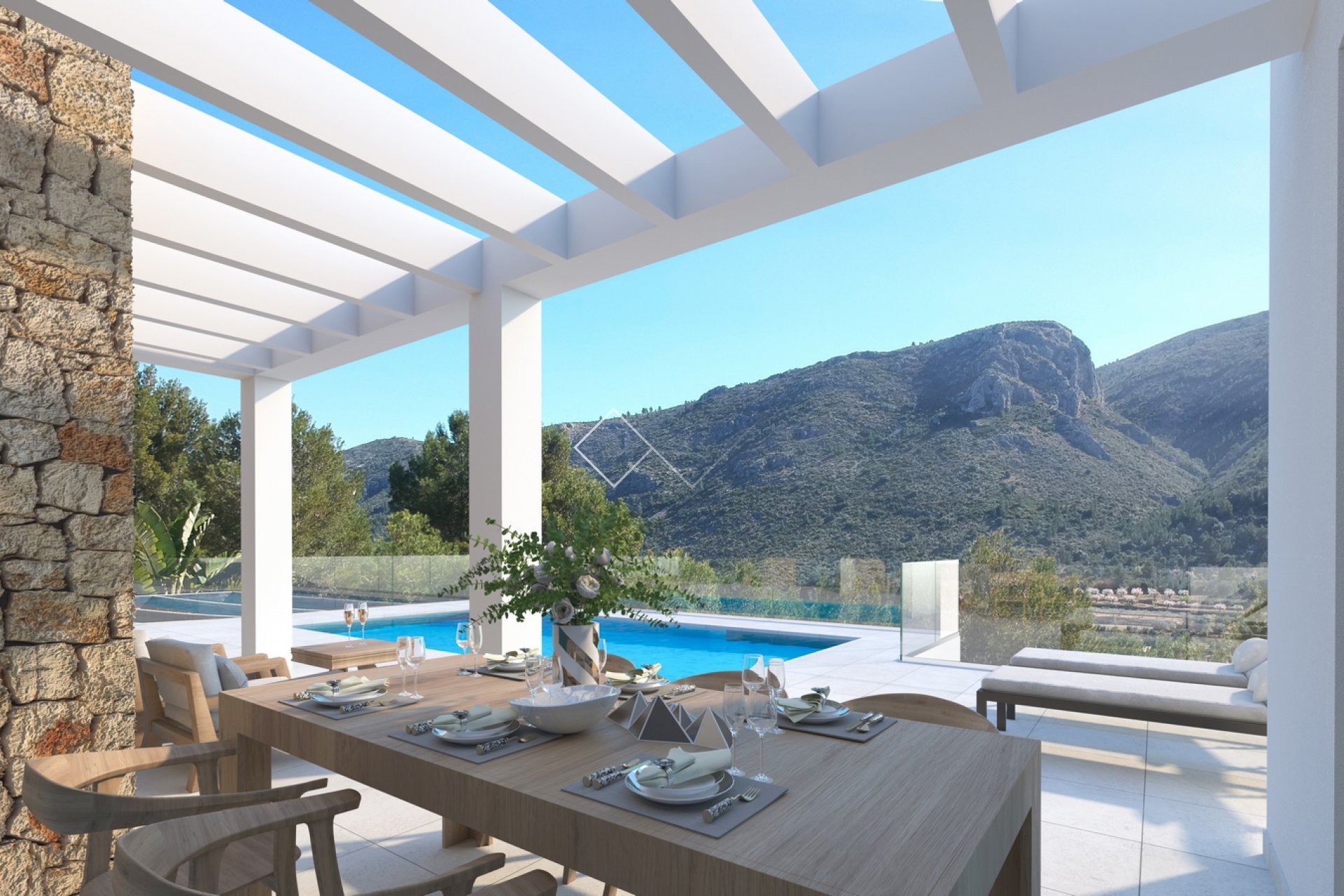 Pergola, Pool, Ausblick - Einstöckige Design-Villa zu verkaufen in Pedreguer