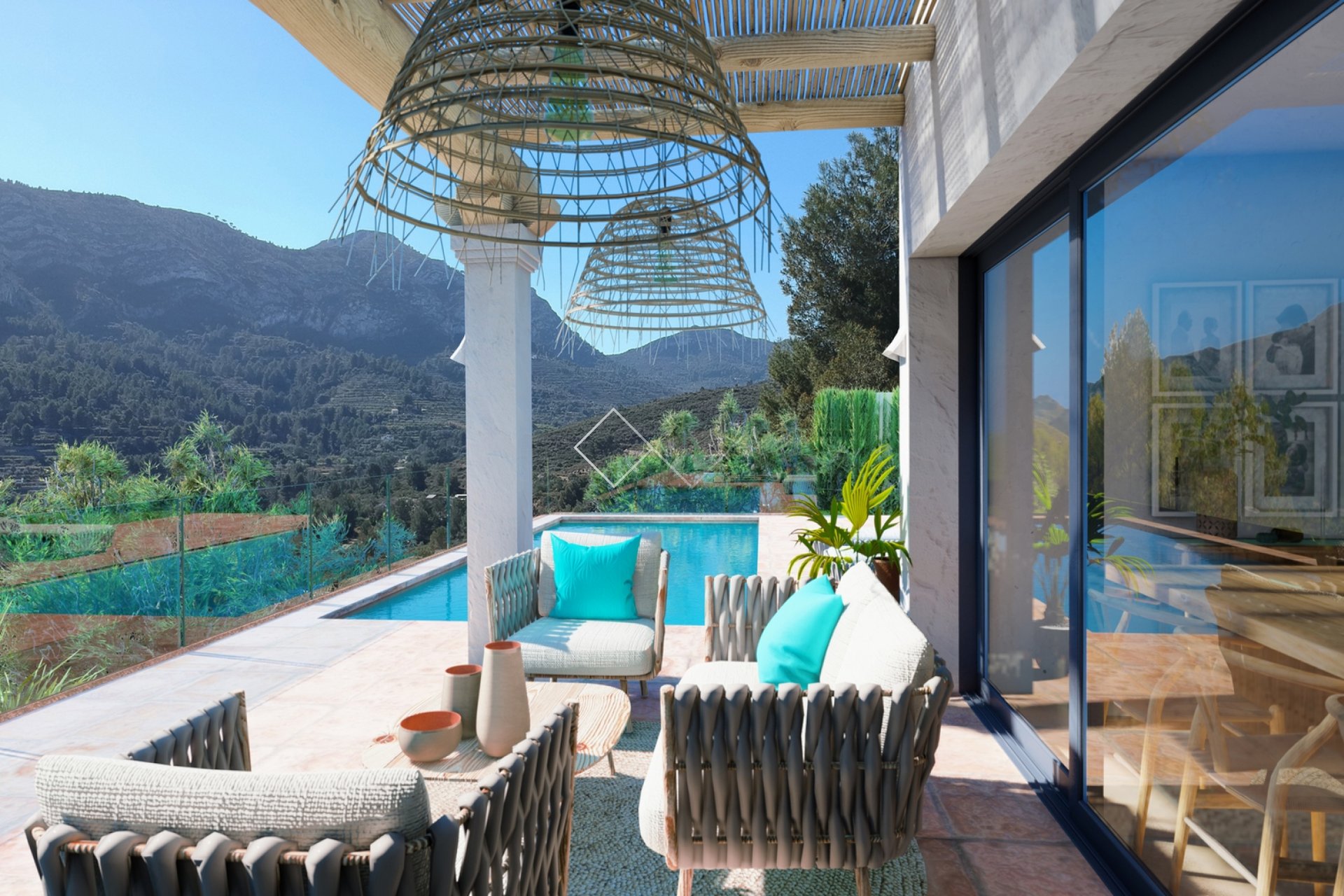 piscina con vistas a la montaña - Nueva villa en venta en Pedreguer, estilo ibicenco