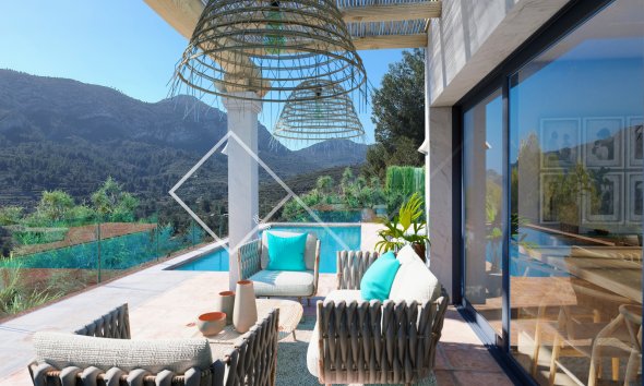 Pool mit Bergblick - Neue Villa zum Verkauf in Pedreguer, im Ibiza-Stil