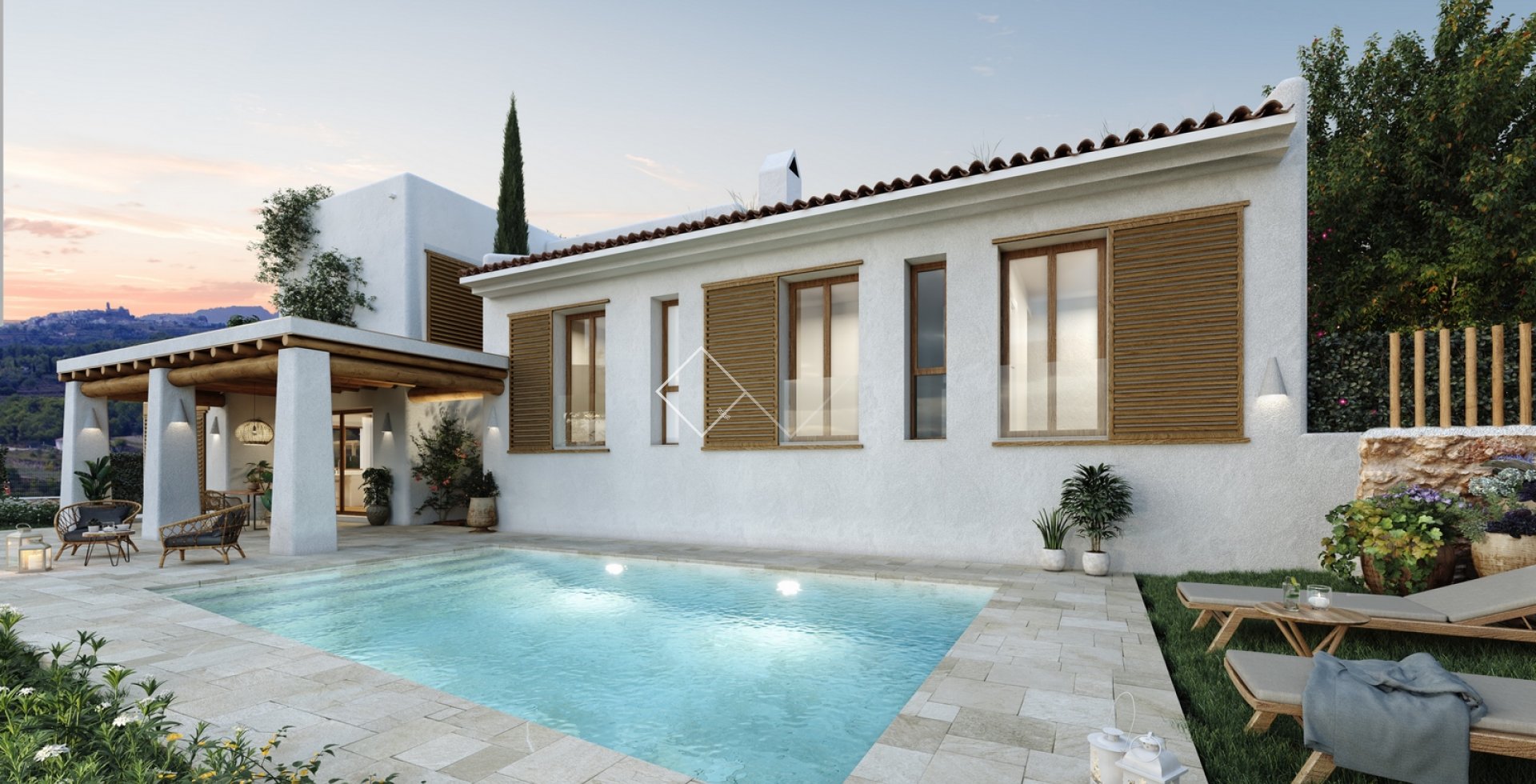 Ibiza stijl villa te koop in Javea met Montgo uitzicht