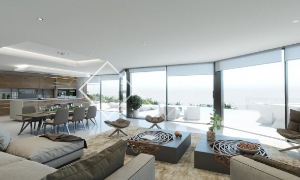 Wohnzimmer - Moderne Villa zu bauen in Pedramala, Benissa mit Panoramablick auf das Meer 